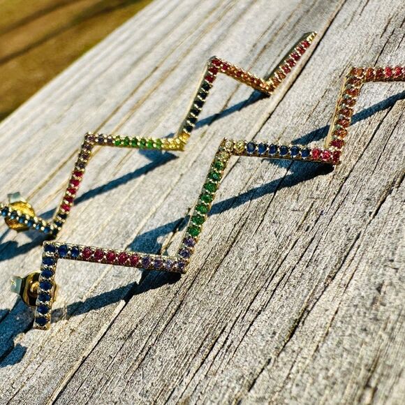 Dazzling Zigzag Rainbow Earrings – Gold Plated Multicolor Zigzag Earrings - Picture 14 of 17